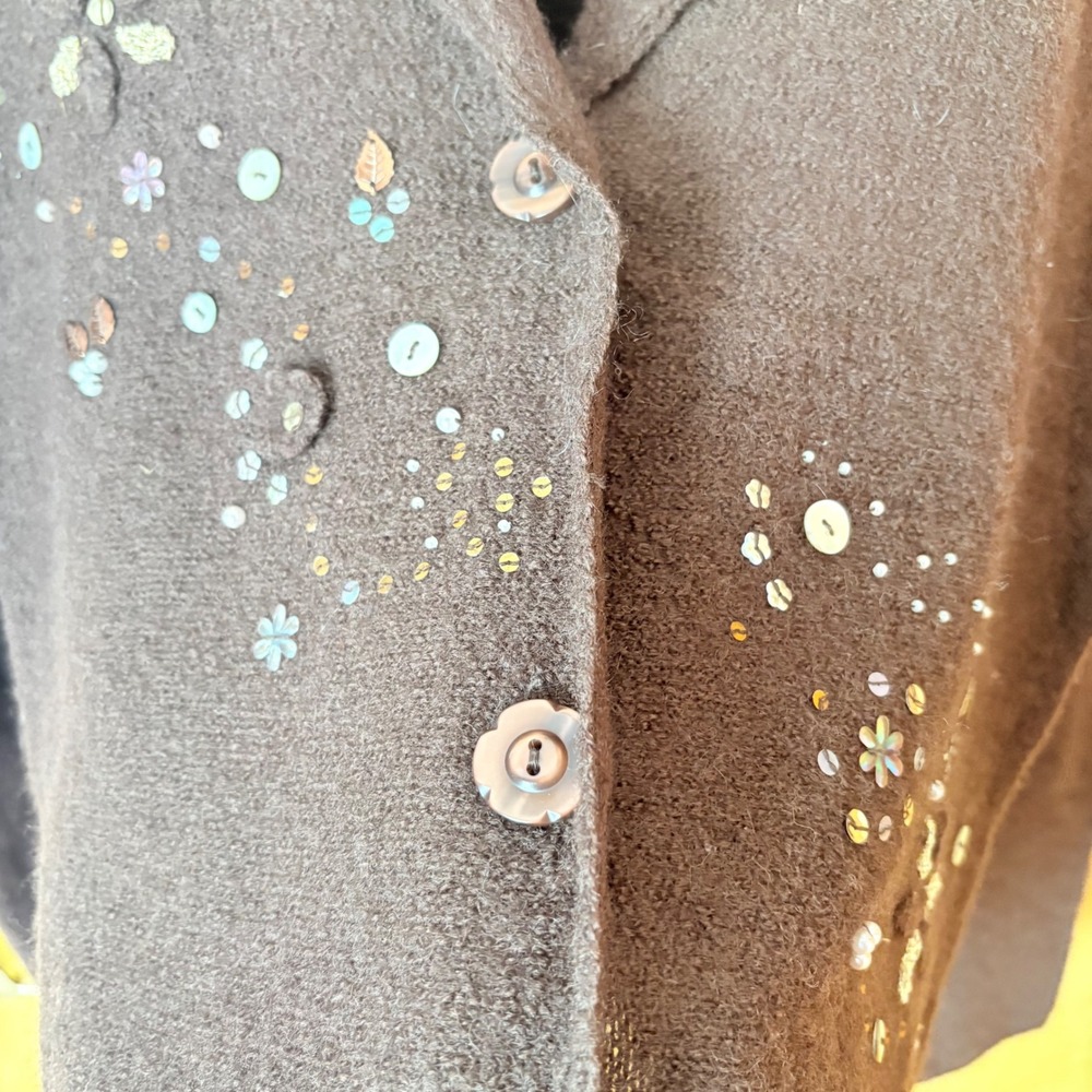 Linden Hill Cardigan Sweater Womens Medium Brown 100% Wool Embroidered Sequin - Picture 5 of 10